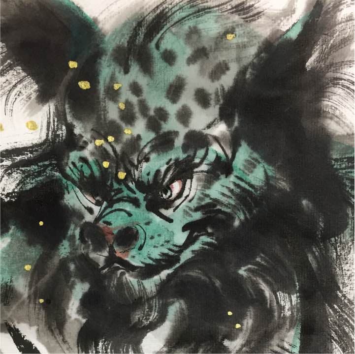 座る獅子、和紙24cm×33cm、墨