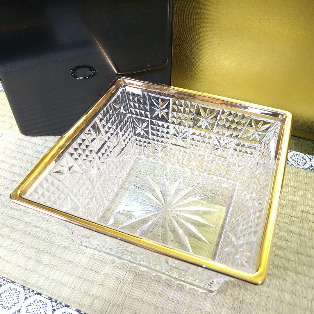 義山水指水差しガラス硝子四方真漆蓋付水崎長寿作金彩縁金切子未使用共箱共布茶道具