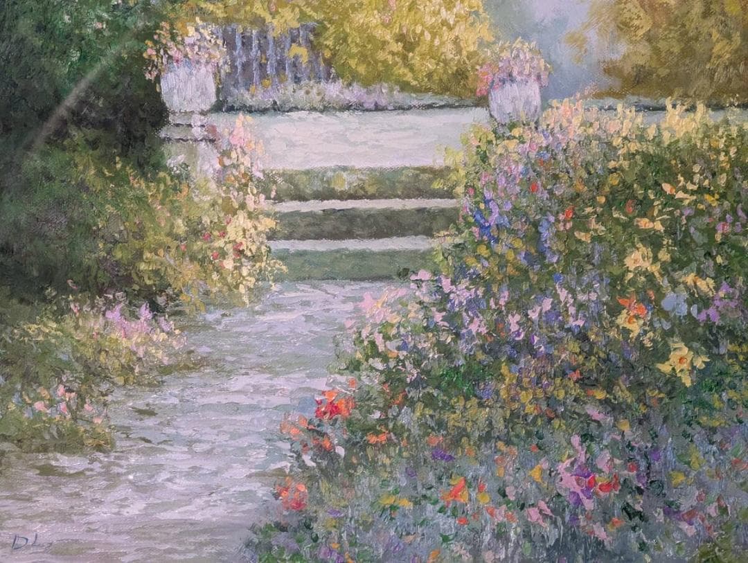 【真作】絵画　チョウ・テリン　油彩　陽光　光溢れる小径　箱・黄袋入　Y140