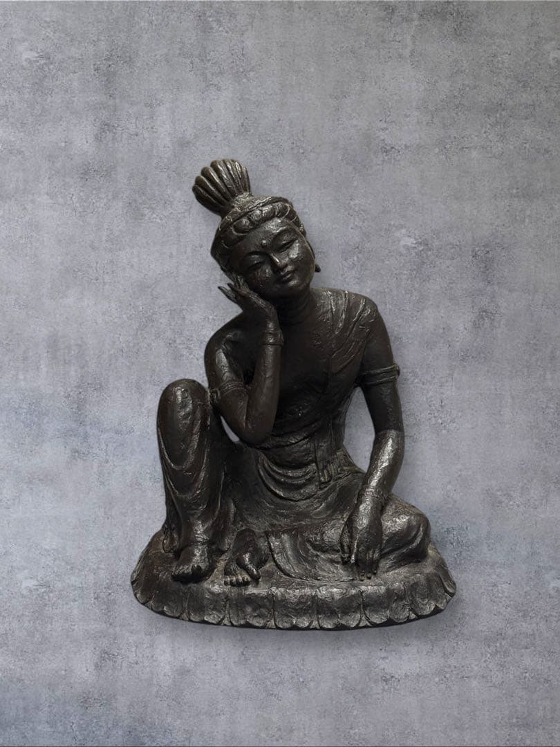 【やすらぎ】友沢正彦 おはぐろ技法 ブロンズ像 銅像 如意輪観音菩薩坐像 共箱