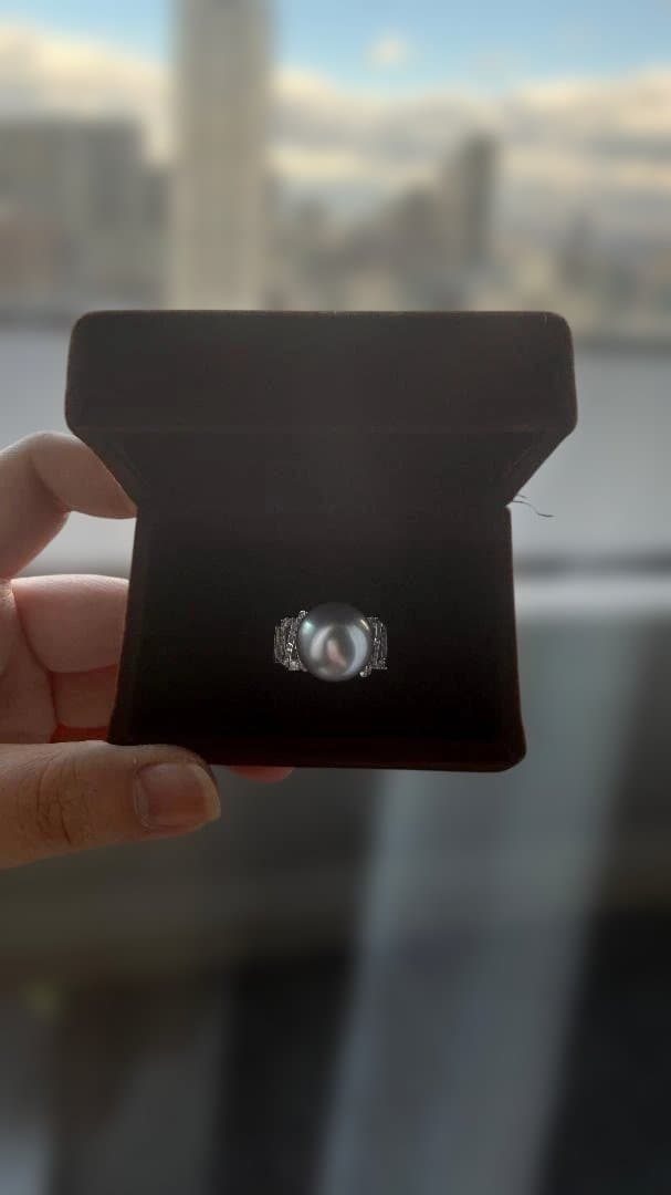 【本真珠】14mm超大珠 タヒチ黒蝶真珠 プラチナグレー リング 豪華18kGP