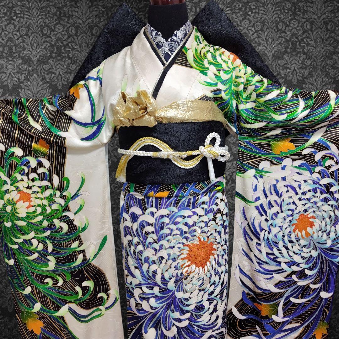 振袖フルセット(7点)・成人式・大輪花模様・金彩加工・金駒刺繍・正絹・逸品
