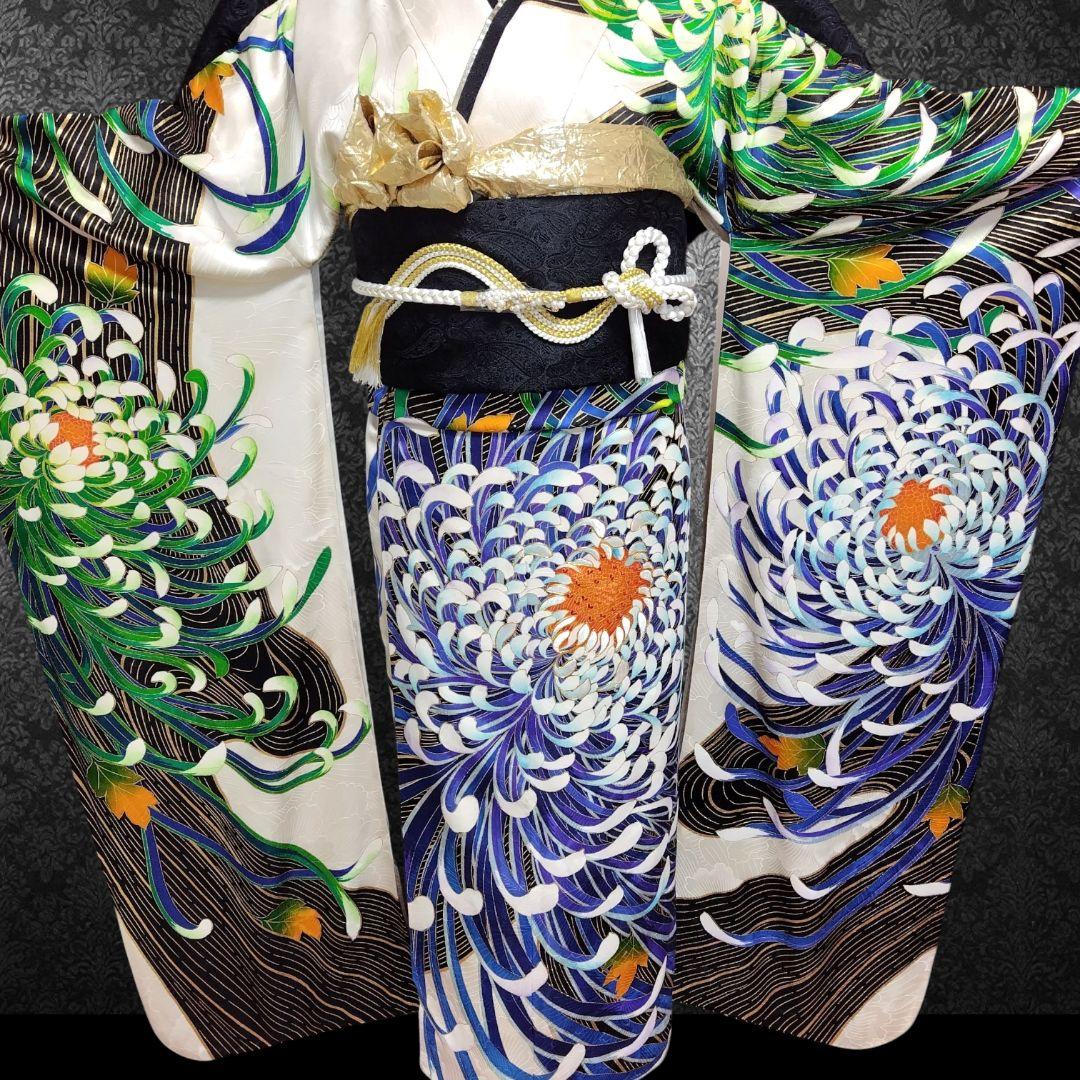 振袖フルセット(7点)・成人式・大輪花模様・金彩加工・金駒刺繍・正絹・逸品