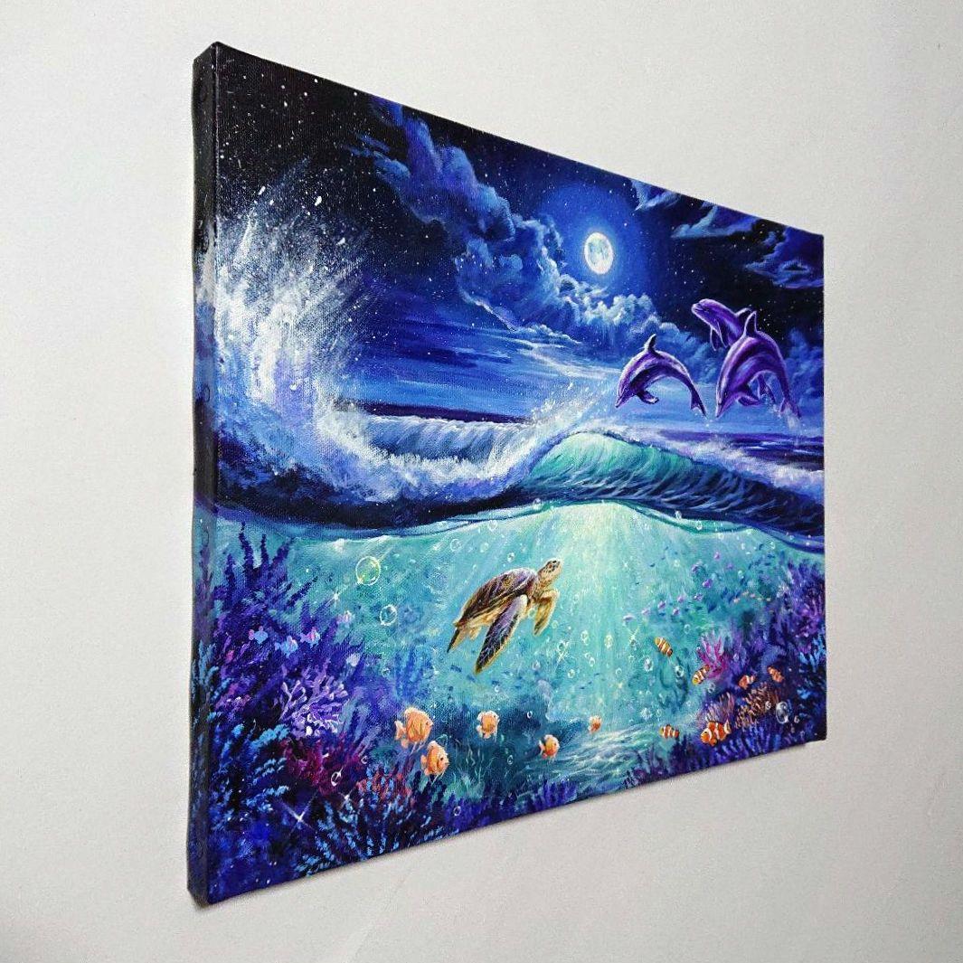 【月夜に輝く海の世界】アクリル画 F6 風景画 絵画 動物画 海の絵