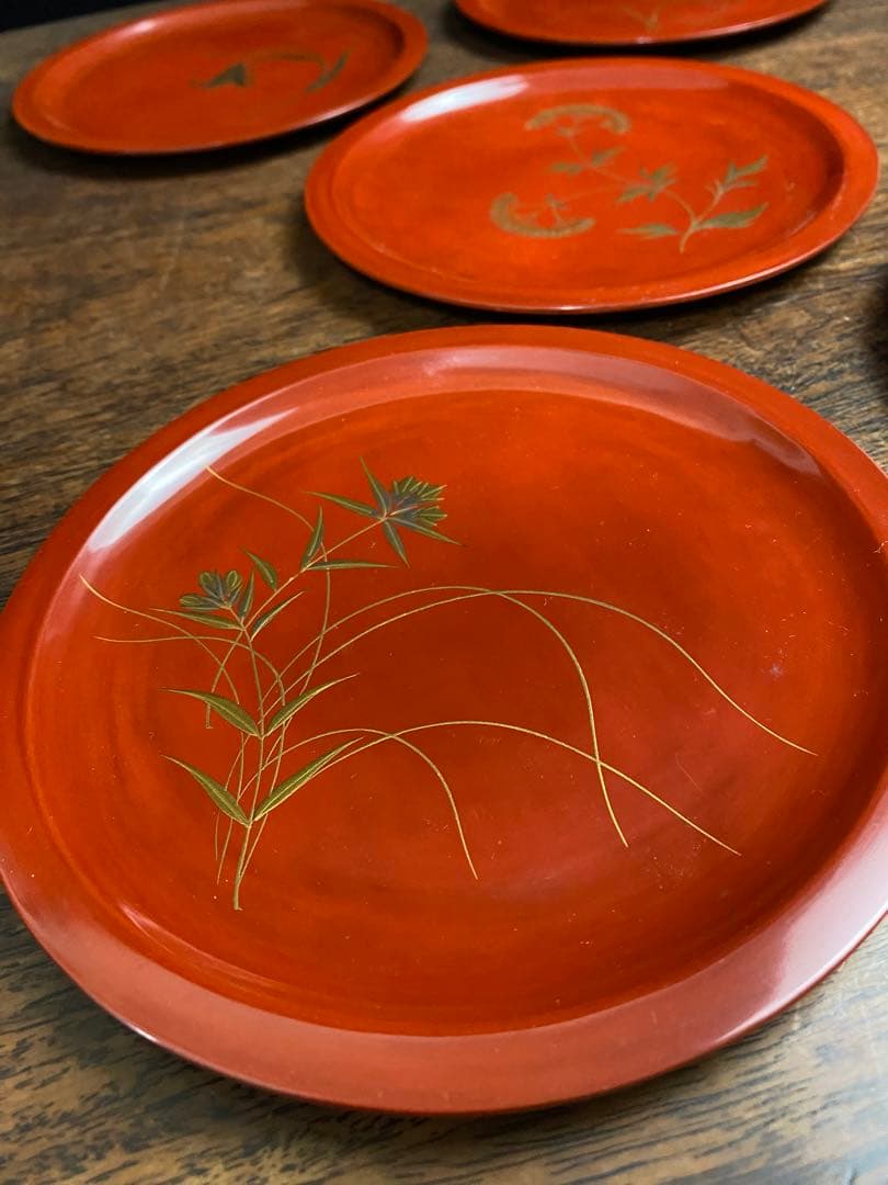 赤い漆器 5枚セット 木箱付き