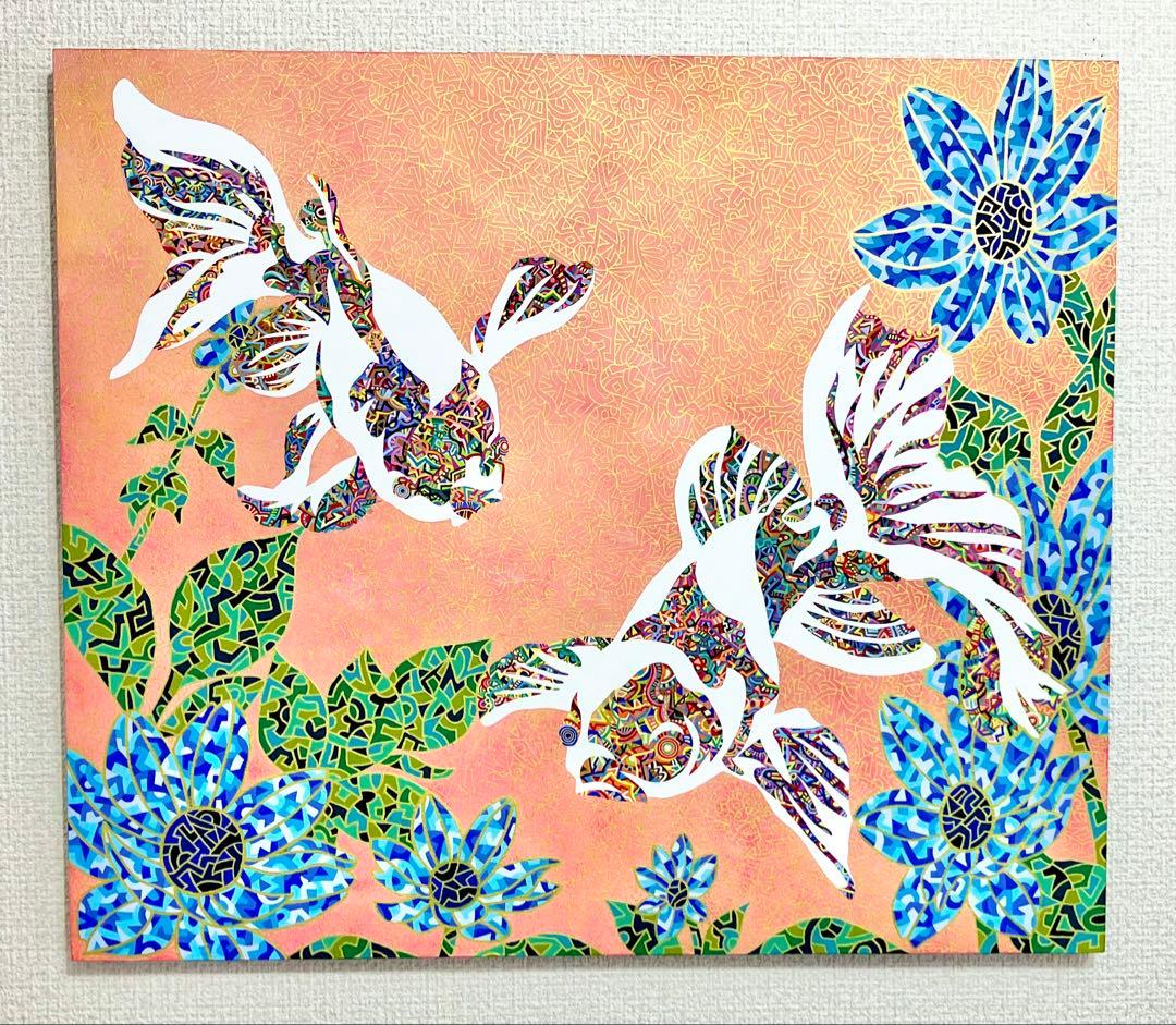 原画　金魚　動物画　絵画　アクリル画　現代アート　細密画　手描き　一点物
