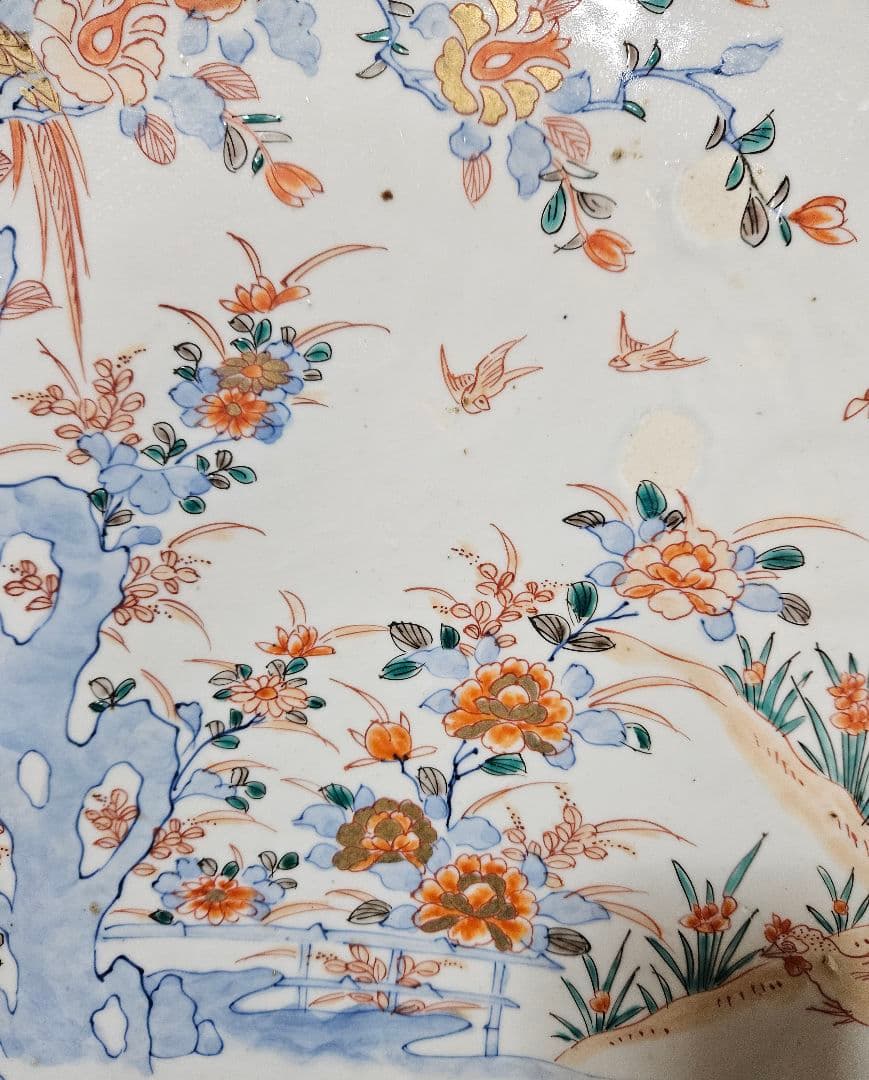 1尺5寸大皿❗】江戸時代末期～明治初期　古伊万里　染錦　金彩色　鶏に尾長鳥図大皿