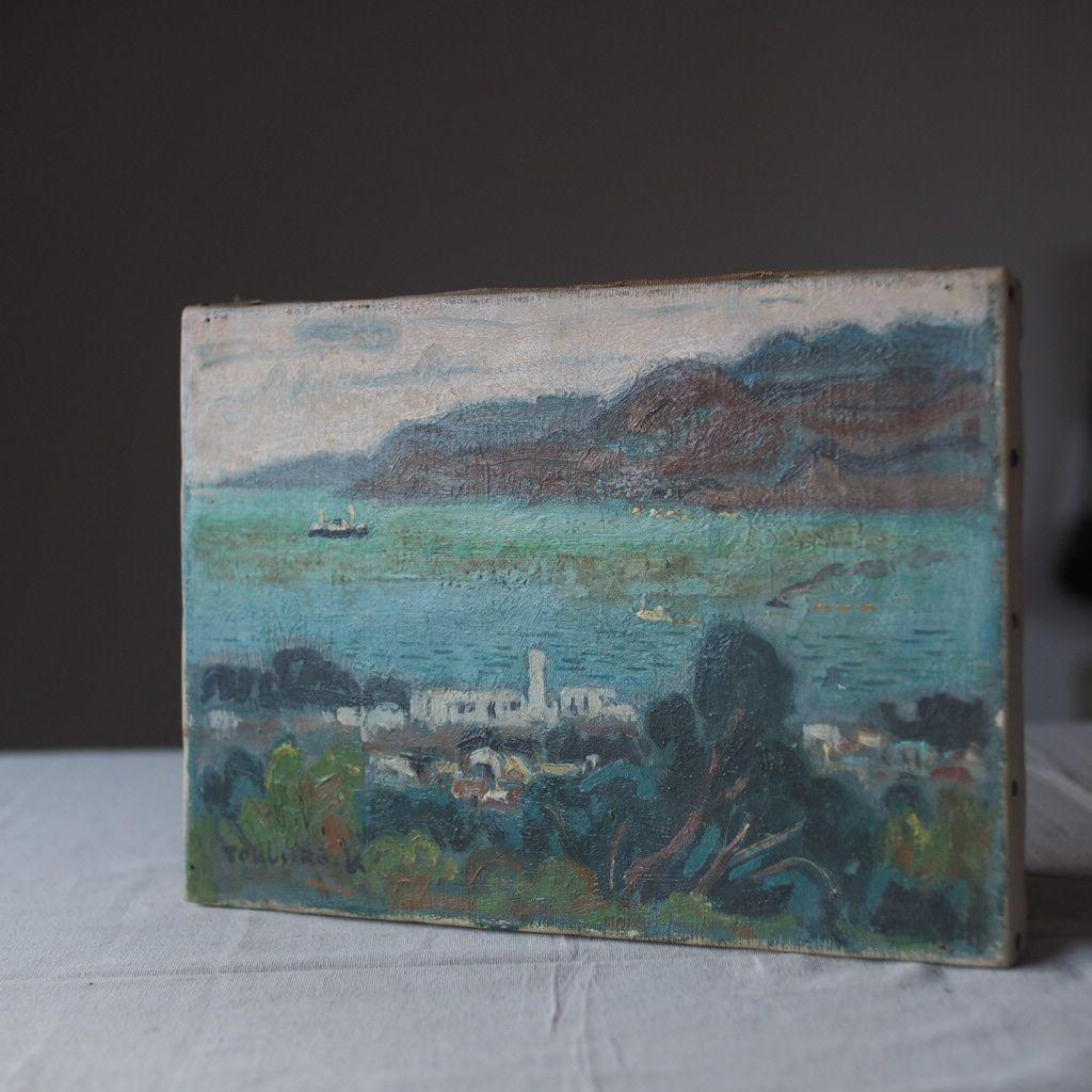海と山の風景 油彩画 古道具