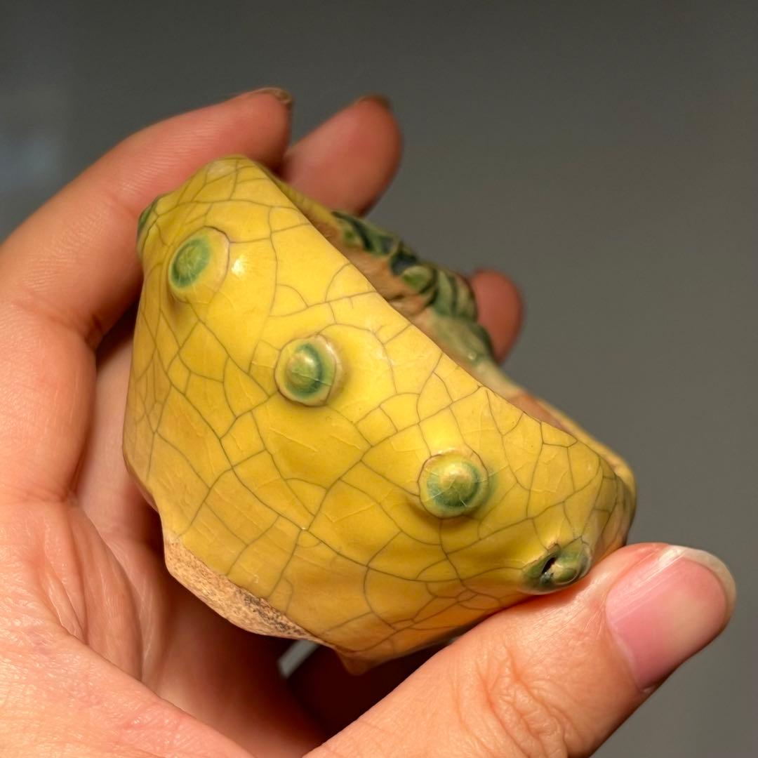 725.古本正志 黄釉蟹彫鼓鉢丸鉢 盆栽鉢 植木鉢 7.5*4.2cm