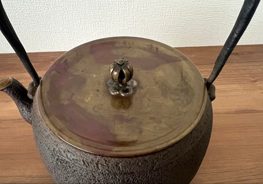 十一代 宮崎寒雉 彦九郎 鉄瓶 手取釜 廣口形 紫銅蓋 茶道具 煎茶道具 共箱