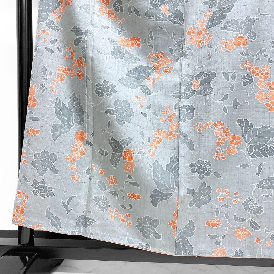 未着用　紬　唐花模様　蛍光オレンジ　小紋　花模様　着物　091w p