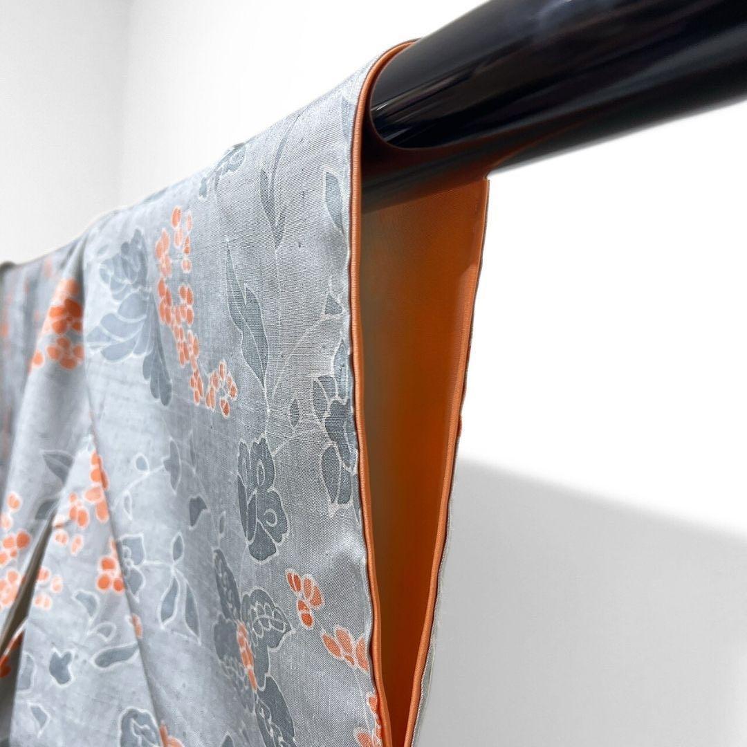 未着用　紬　唐花模様　蛍光オレンジ　小紋　花模様　着物　091w p