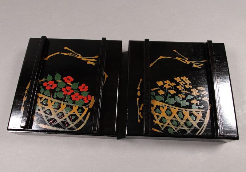 漆芸 山田平安堂 二代 呉藤友乗 花篭蒔絵 蓋物 五点 弁当箱 共箱 M837