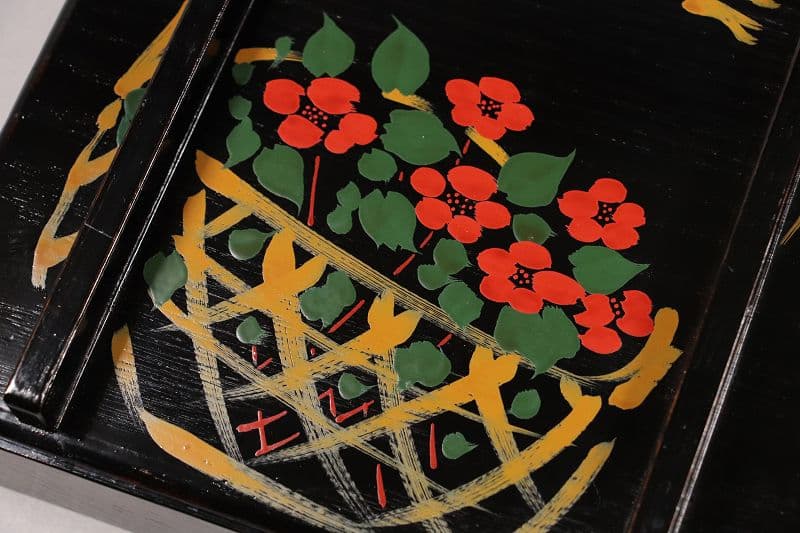 漆芸 山田平安堂 二代 呉藤友乗 花篭蒔絵 蓋物 五点 弁当箱 共箱 M837