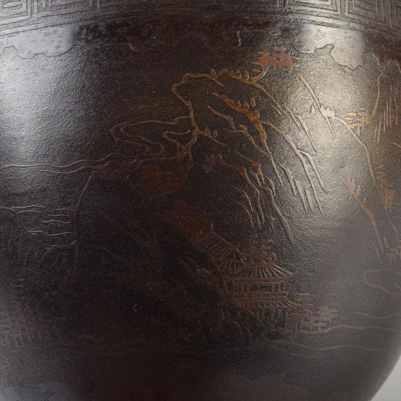 中国　古銅宣徳銅　漢詩山水楼閣文　壁飾　時代箱付　C　9086