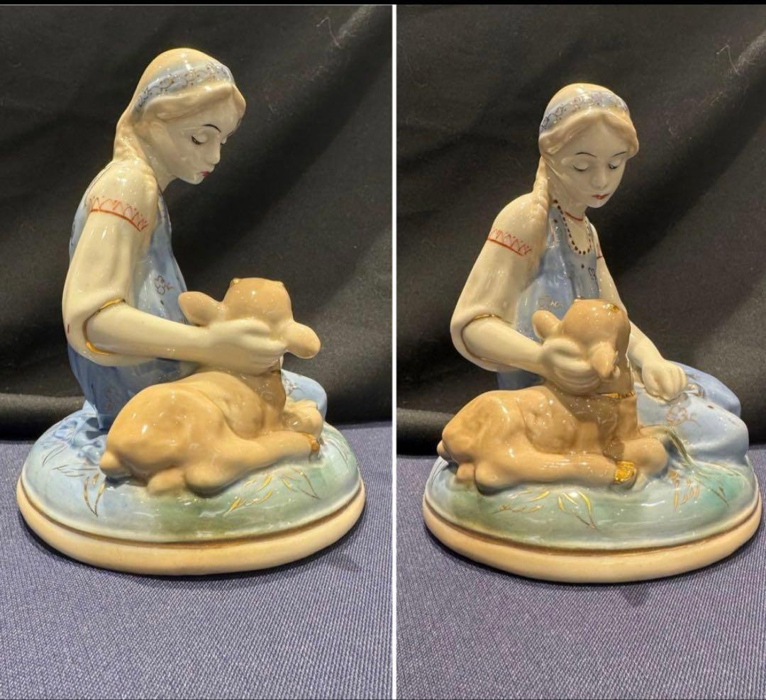 レア‼️ソビエト　アンティーク グジェリ焼き。 女の子とヤギ、フィギュア