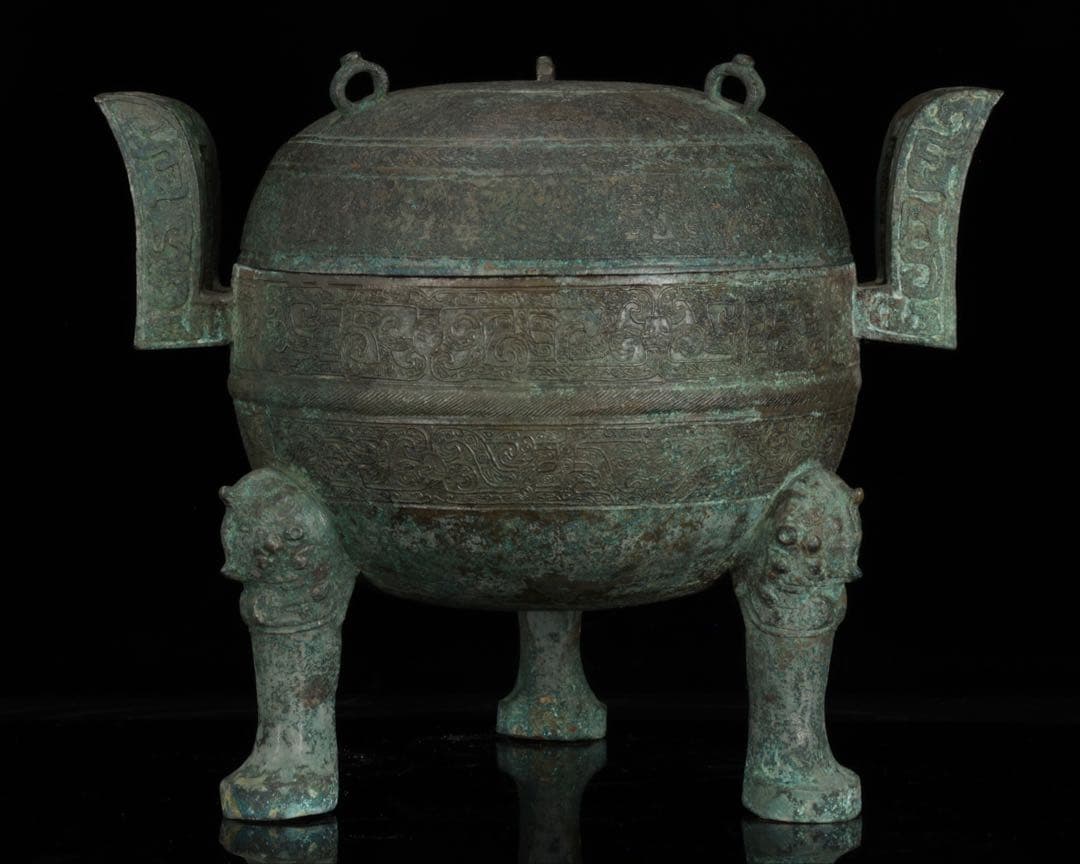 春秋時代 青銅蟠螭紋鼎 三足双耳鼎 蓋付 共箱 古銅器 唐物 時代 古美術 骨董