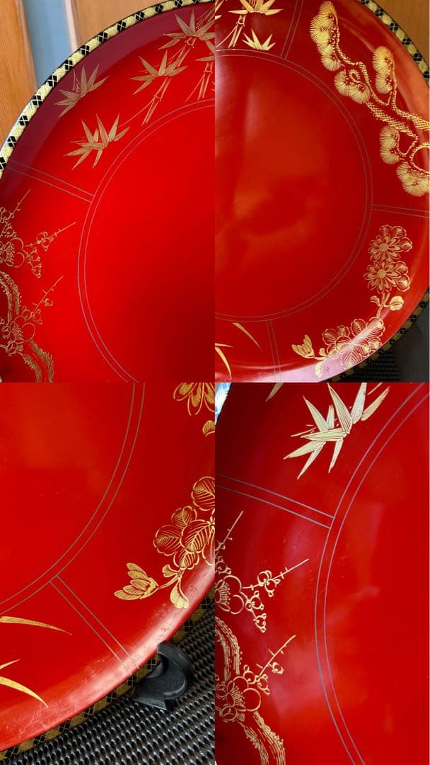 輪島塗 朱塗 沈金 松竹梅 菖蒲 菊 漆器 極上本堅地 角知漆器 飾り皿大皿弍枚