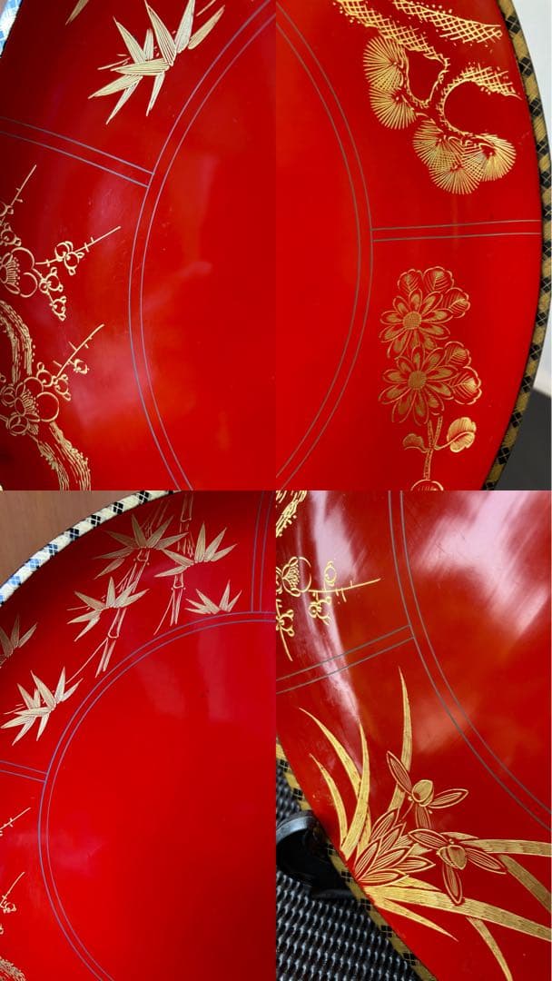 輪島塗 朱塗 沈金 松竹梅 菖蒲 菊 漆器 極上本堅地 角知漆器 飾り皿大皿弍枚