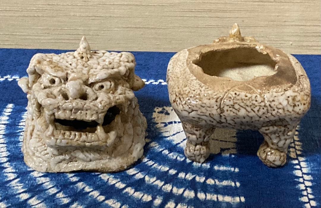 前川電光　唐獅子香炉　織部焼龍山窯