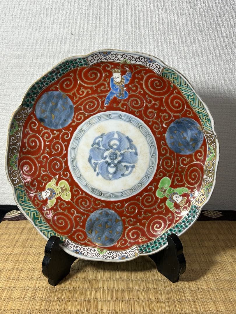 古伊万里色絵七寸皿　4枚 唐子　唐草図　明治時代初期