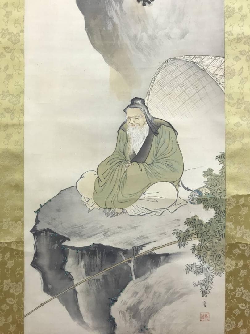 【真作】伊藤龍涯/太公望図/人物図/釣人図/掛軸/名家伝来/AD-274