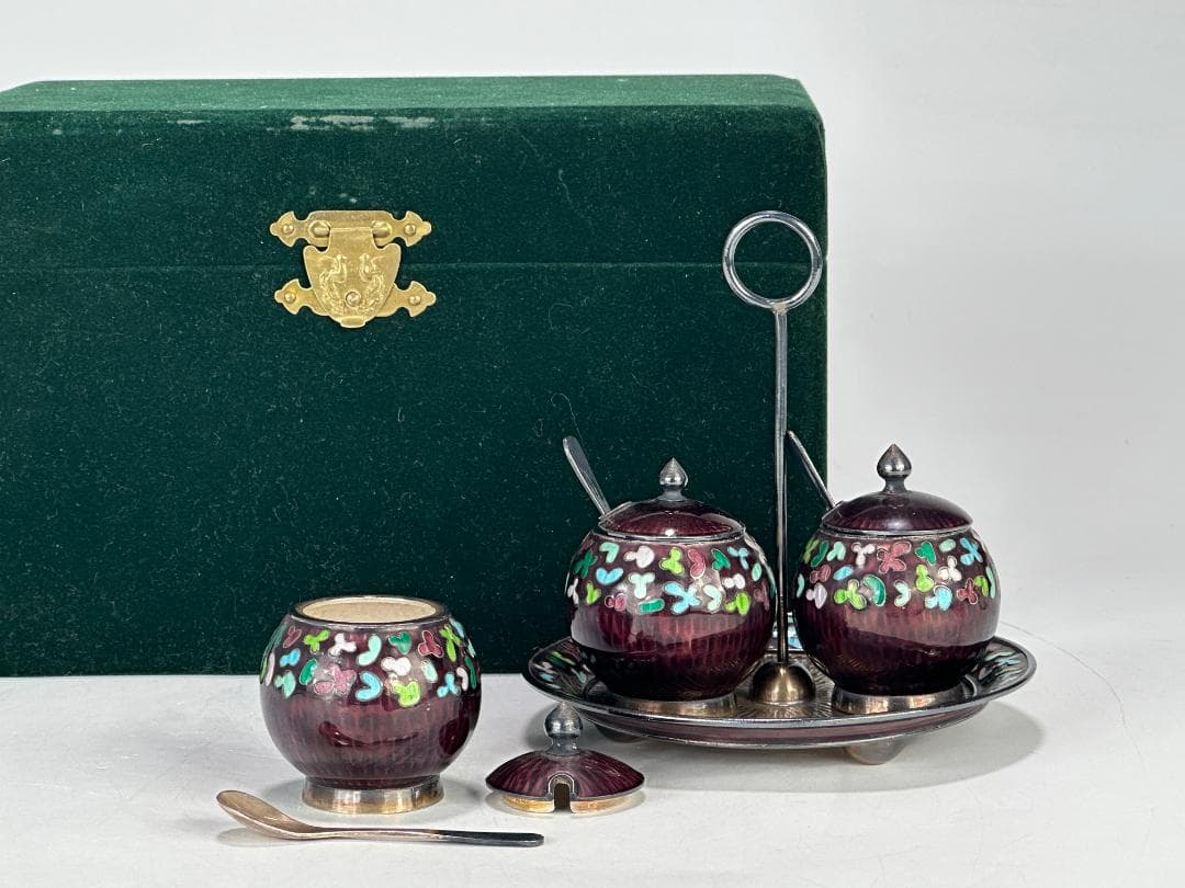 韓国美術　純銀製　刻印有　調味料入　七宝　茶器　茶道具　重さ317g