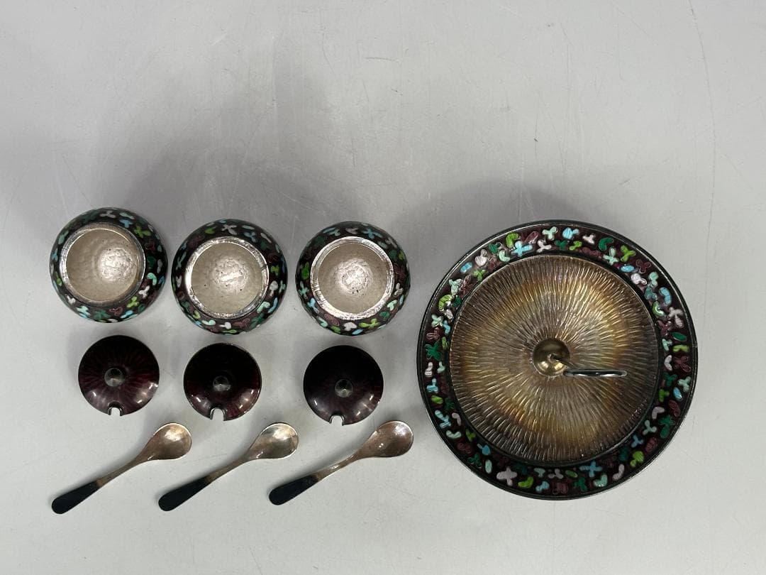 韓国美術　純銀製　刻印有　調味料入　七宝　茶器　茶道具　重さ317g