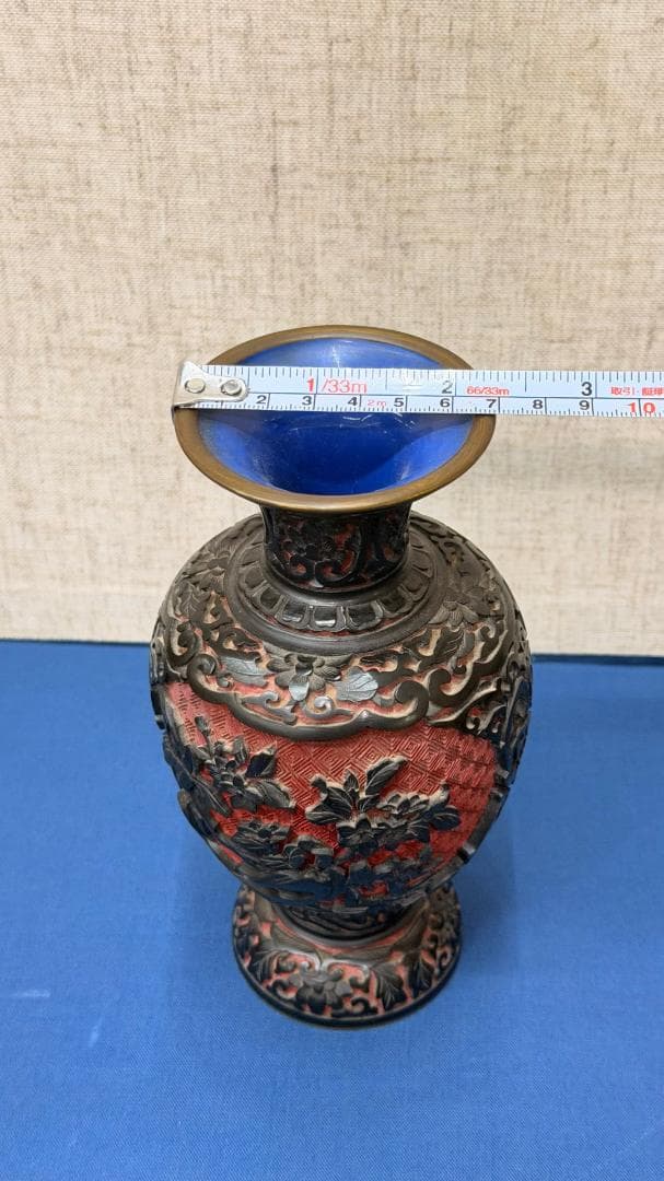 【一点物・古美術】 銅製 堆朱意匠 花鳥文 装飾花瓶｜完形美品