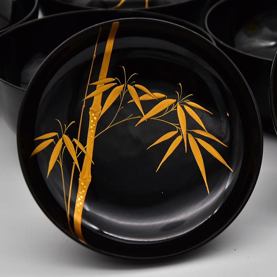 美品 輪島塗 木製 黒漆塗 竹に梅 金蒔絵 切金 吸い物椀 五客 漆器 漆芸