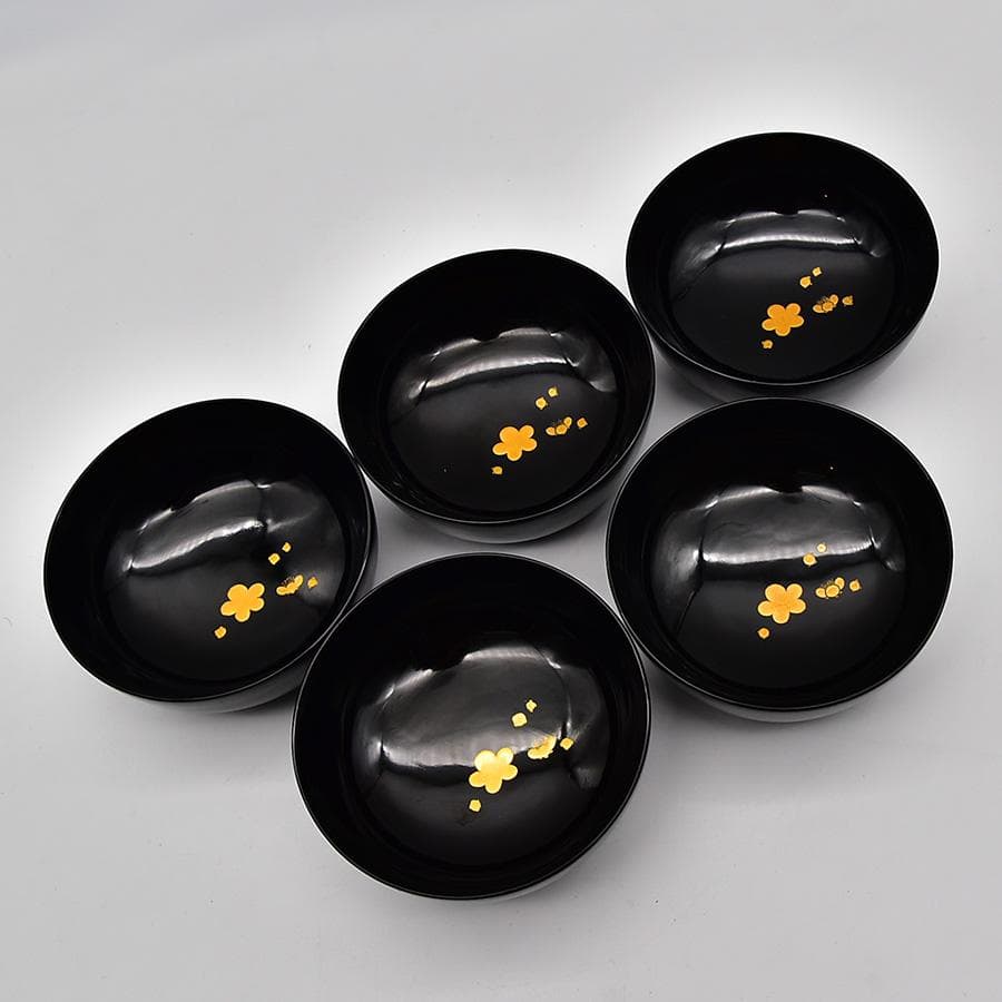 美品 輪島塗 木製 黒漆塗 竹に梅 金蒔絵 切金 吸い物椀 五客 漆器 漆芸