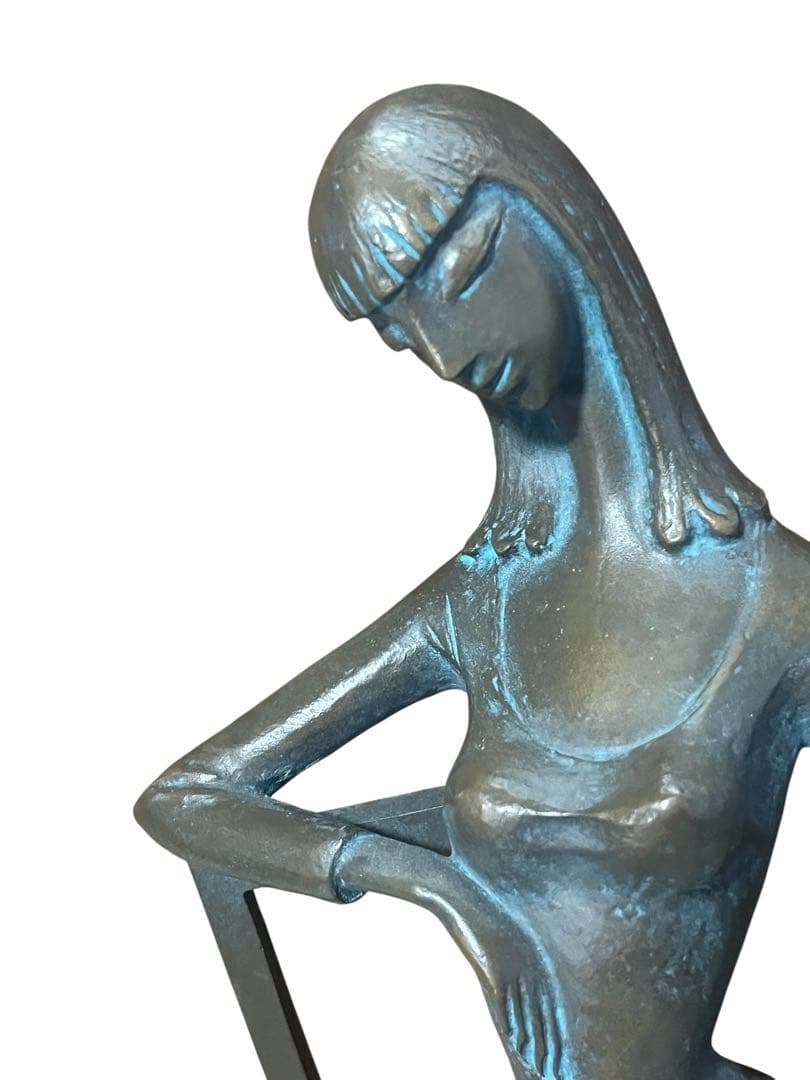 【中古】ブロンズ像「自分の時間」長房一洋作　女性と猫のブロンズ彫刻