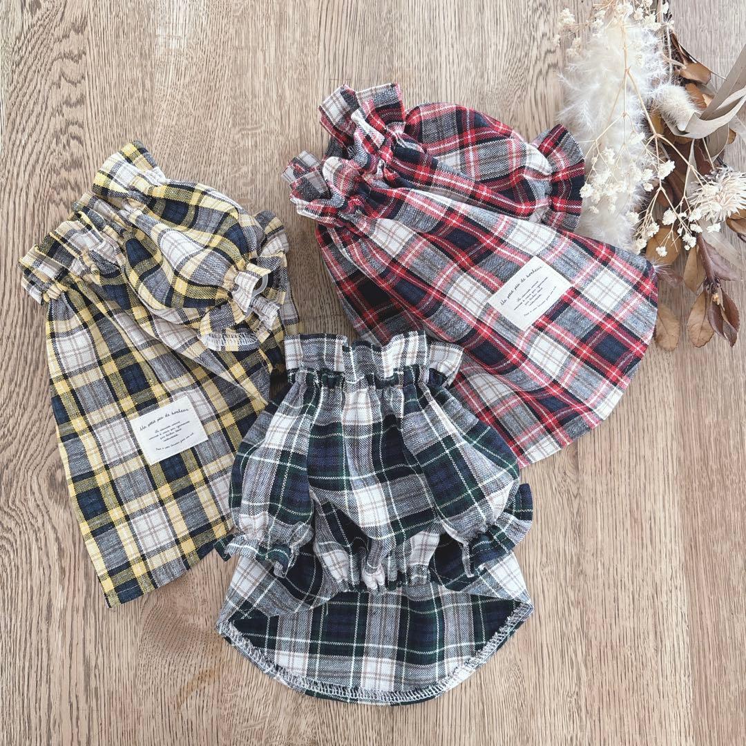 ハンドメイド　韓国生地タータンチェック　立ち襟ふんわりチュニック　紅葉にも♡