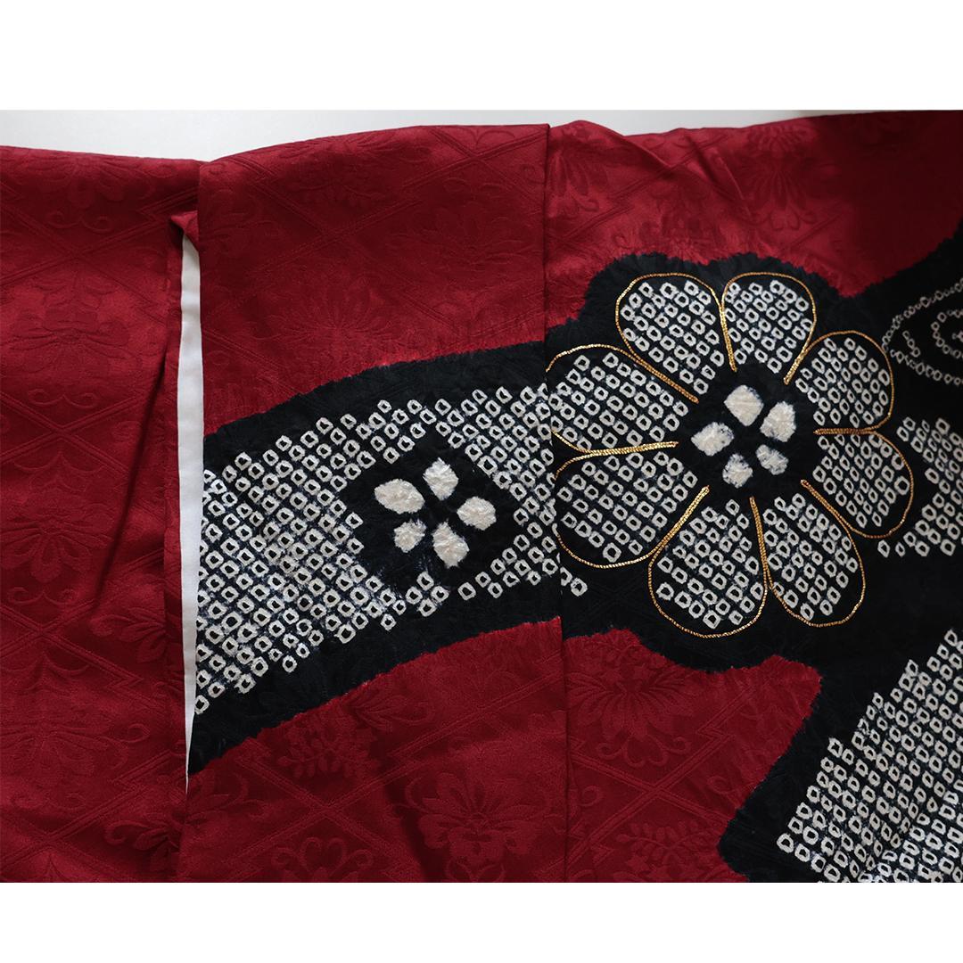 振袖と帯締め2点セット■丈166cm赤黒成人OR44