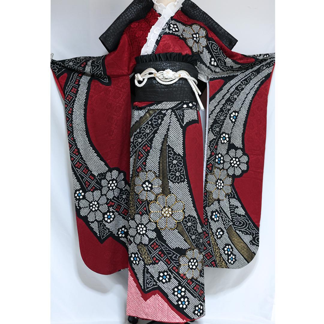 振袖と帯締め2点セット■丈166cm赤黒成人OR44