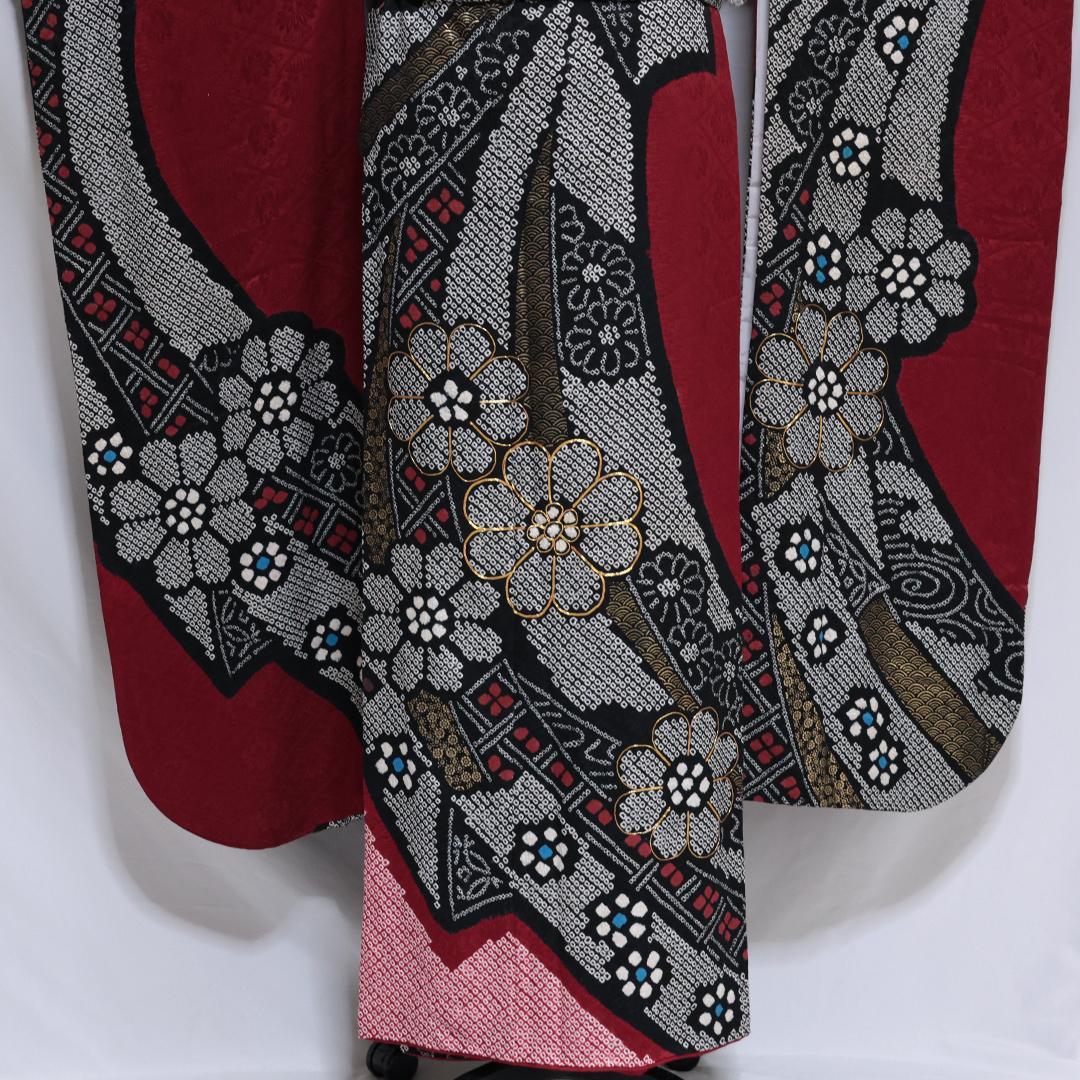 振袖と帯締め2点セット■丈166cm赤黒成人OR44