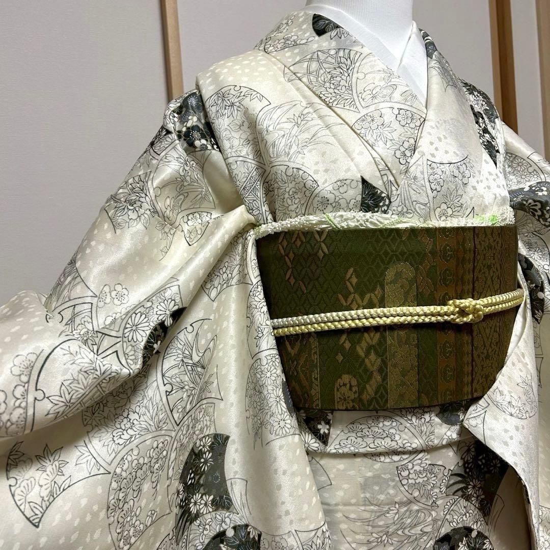 森谷33未使用近い　美品　袷　化繊 フルセット 扇花模様
