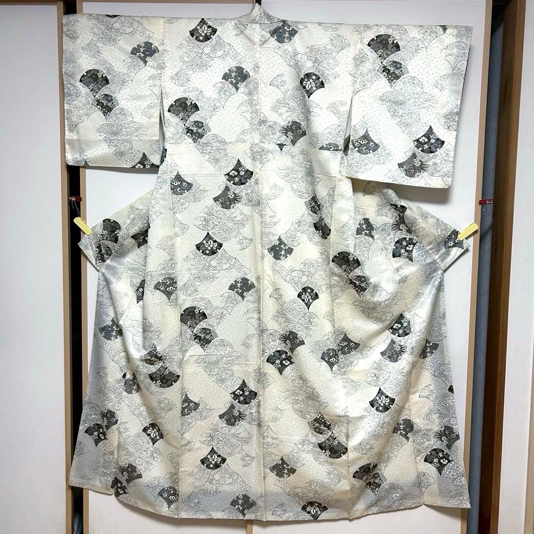 森谷33未使用近い　美品　袷　化繊 フルセット 扇花模様