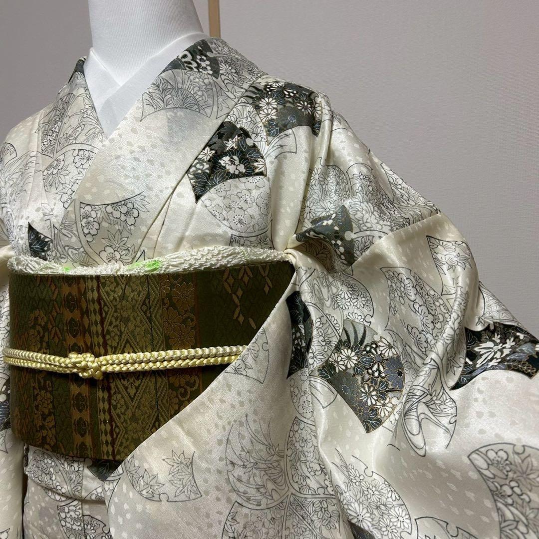 森谷33未使用近い　美品　袷　化繊 フルセット 扇花模様