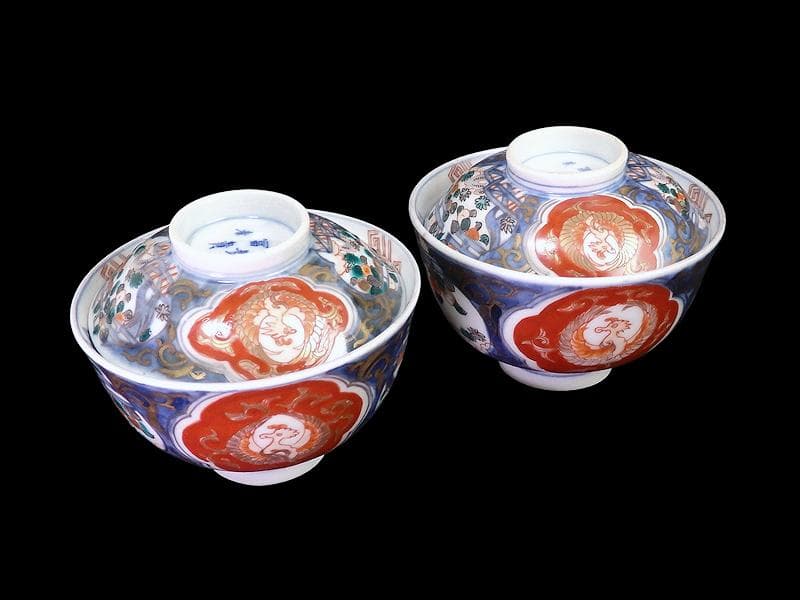 古伊万里　金襴手　鳳凰に果実の図　蓋茶碗　２客　D830AS-fbti