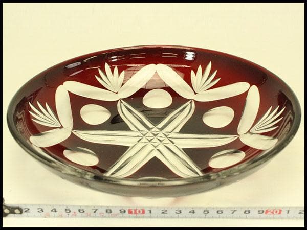 レトロ アンティーク 赤色切子 皿 未使用(ZE458)