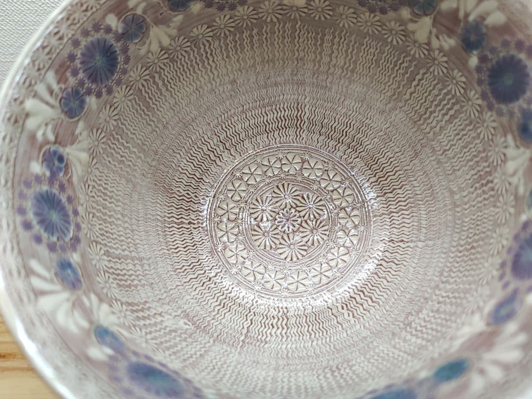 送料込【逢絢亭・新品】茶道具 茶碗 京焼 紫彩華紋 森里陶楽 共箱入り ２