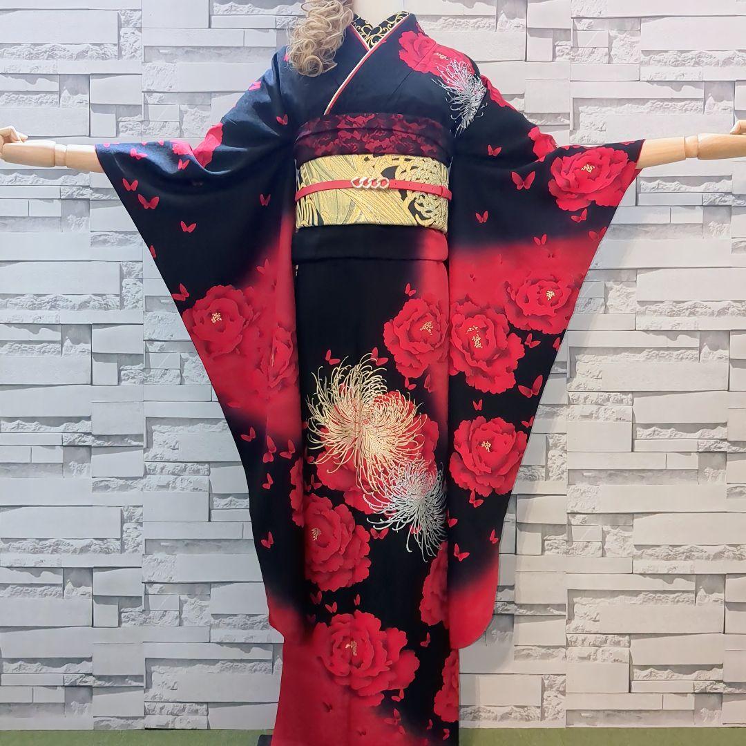 振袖セット 振袖フルセット 正絹 暈し染め 牡丹 乱菊 蝶 金銀彩 黒赤 56