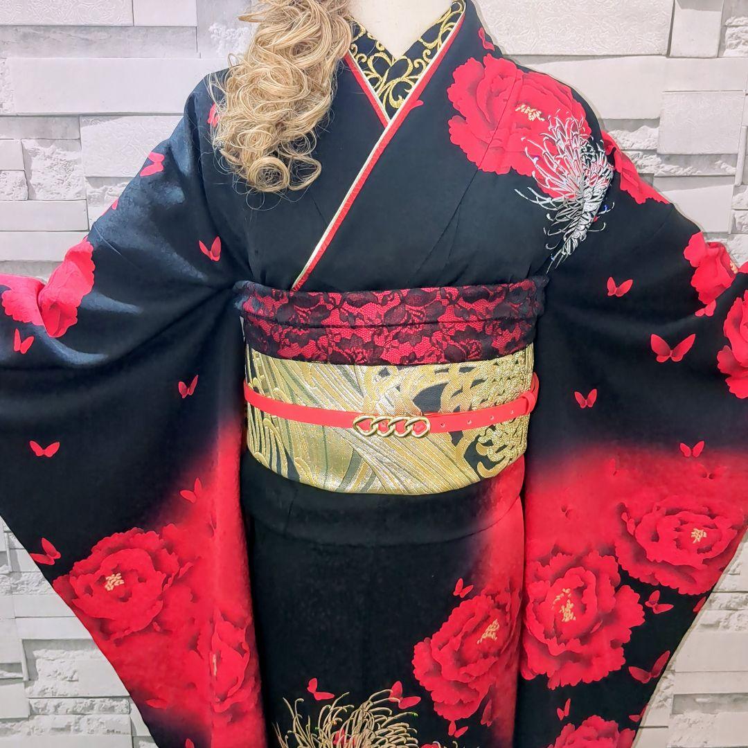 振袖セット 振袖フルセット 正絹 暈し染め 牡丹 乱菊 蝶 金銀彩 黒赤 56
