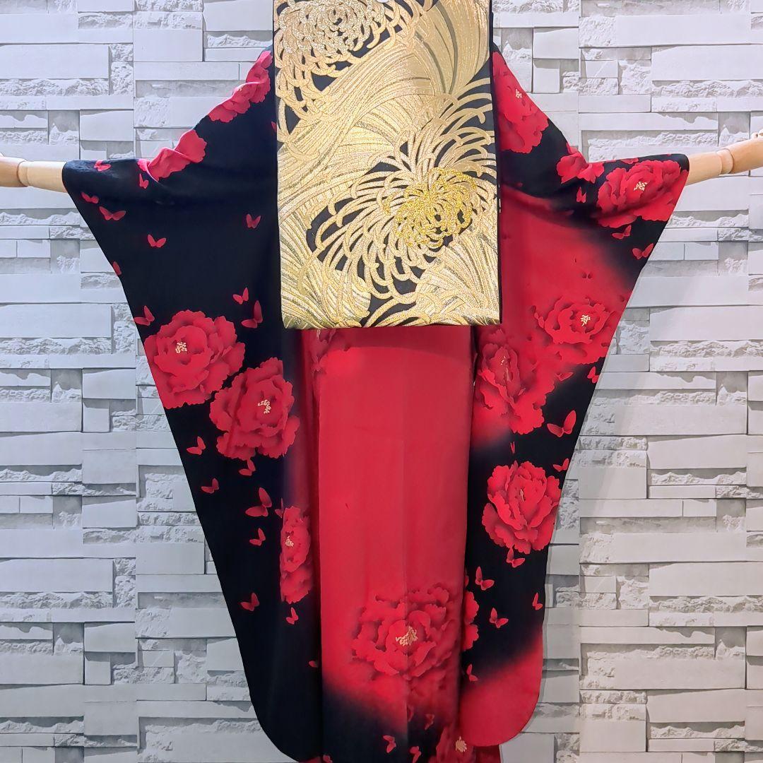 振袖セット 振袖フルセット 正絹 暈し染め 牡丹 乱菊 蝶 金銀彩 黒赤 56