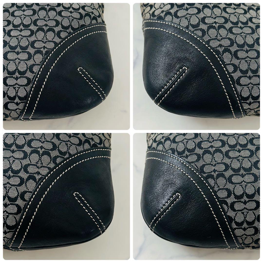 【美品】コーチ　ショルダーバッグ　レザー×キャンバス シグネチャー 巾着型 黒