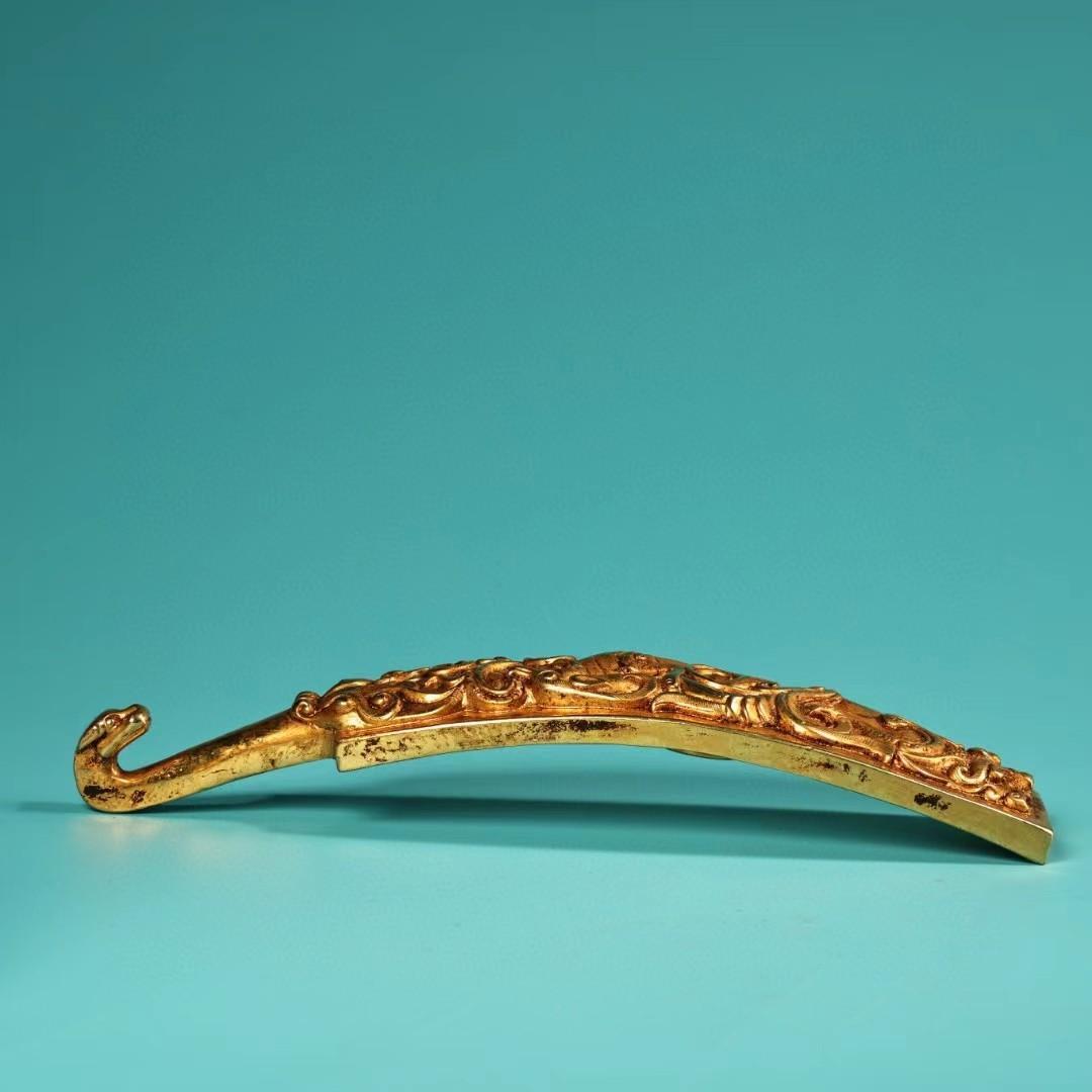中国古美術・旧蔵龍紋如意腰帯留め・鏨刻鎏金・純銅细密彫・純手作り・高浮彫り・根付