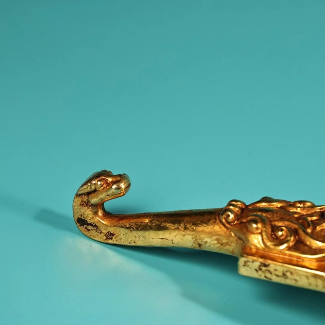 中国古美術・旧蔵龍紋如意腰帯留め・鏨刻鎏金・純銅细密彫・純手作り・高浮彫り・根付