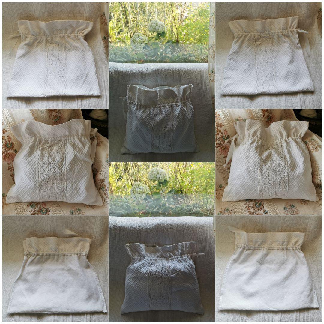 ヴィンテージ ピケドプロヴァンス ガロン花レース刺繍 菱模様織ふっくらラージ巾着