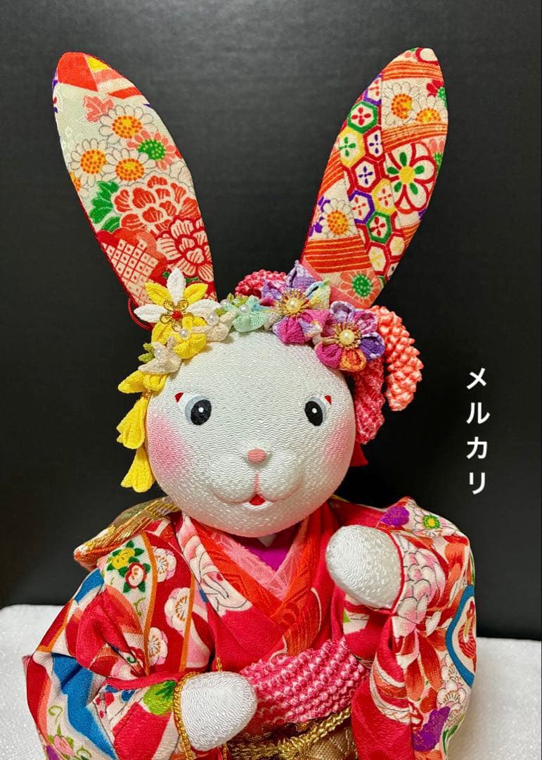 【うさぎの創作人形】耳長うさぎ　ちりめん細工　縮緬細工　うさぎの置物　和風うさぎ